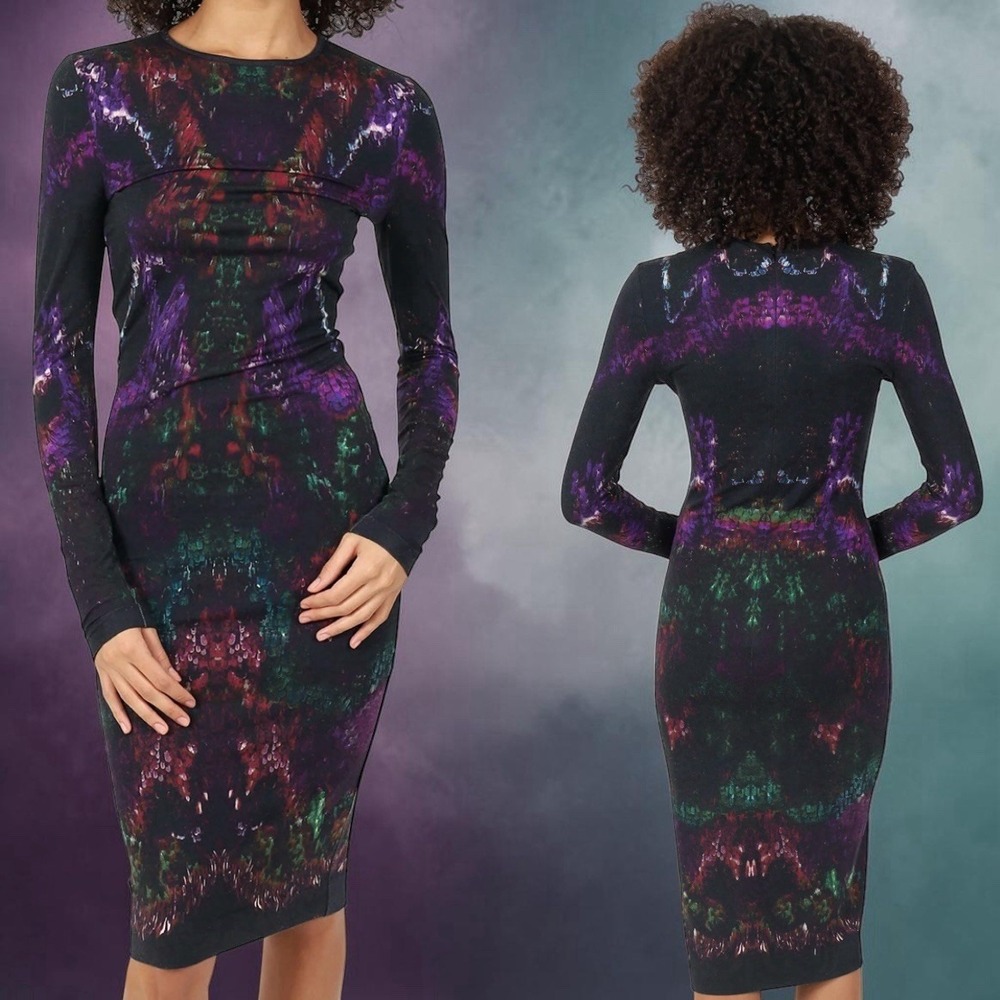 Alexander McQueen 2014 Moth‎ Print Jersey Sheath Dress Artsy Eclectic XS/S
